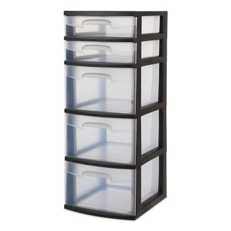 The drawers are made with a clear material, making it simple to identify what is stored inside. . Sterilite 5 drawer tower